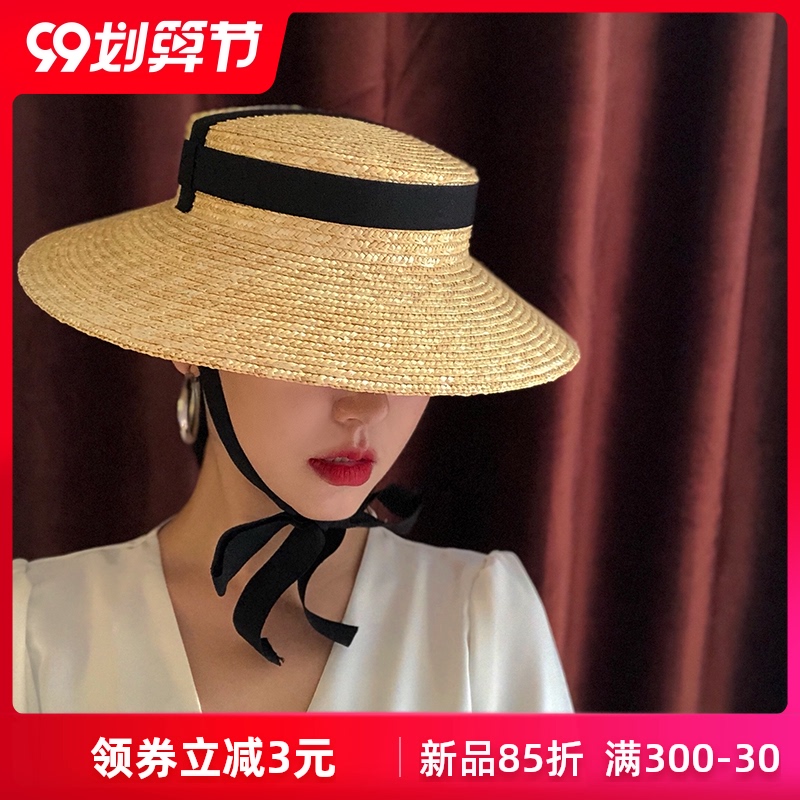 草帽女夏沙滩帽海边大檐赫本平顶法式网红度假系带英伦编织遮阳帽