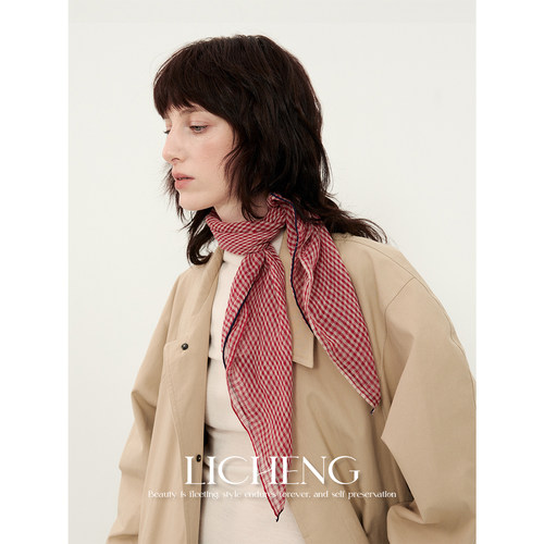 礼诚果酱红格子100%亚麻丝巾女