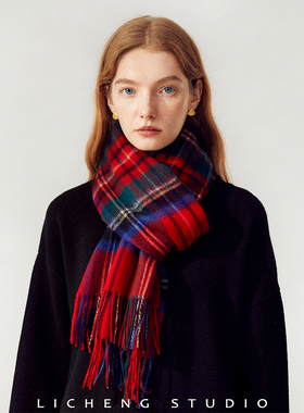 礼诚 英伦红色格子纯羊毛围巾女高级感新年礼盒送礼情侣编织围脖