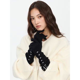 排珠针织手套 优雅黑色长筒纯羊毛手套女秋冬保暖堆堆袖 礼诚 法式