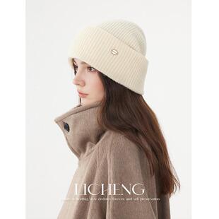 礼诚 蓬松奶白兔绒羊毛翻边针织帽子女冬新复古百搭保暖毛线冷帽