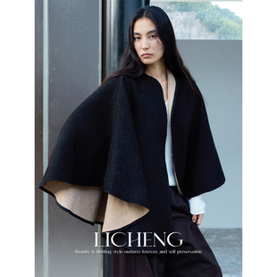 礼诚 羊毛斗篷披肩双面可穿毛呢大衣外套女秋冬高级显贵保暖上衣