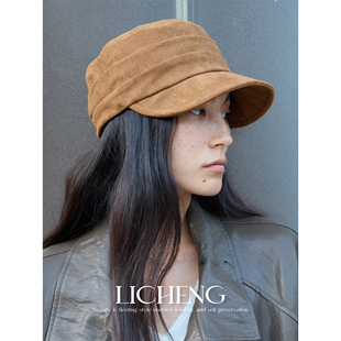 礼诚 复古时髦褶皱贝雷帽女秋冬麂皮绒鸭舌帽百搭高级感报童帽子