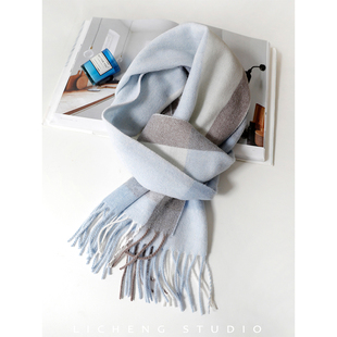 礼诚 英国渠道货100%羊毛格子围巾女冬季保暖情侣蓝色围脖送礼物