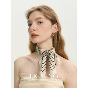 礼诚原创 清新绿条纹100%真丝丝女春夏高级感小方巾百搭头巾发带