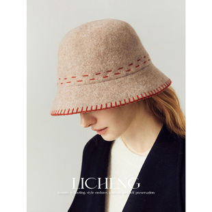 礼诚 气质小香风羊毛渔夫帽子女冬保暖水桶帽可折叠日系毛呢盆帽