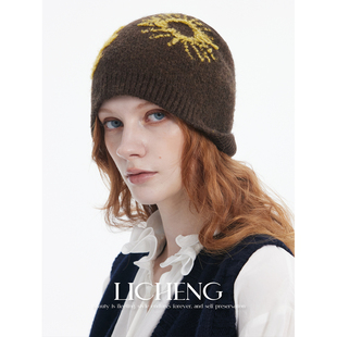 礼诚 复古提花图案针织冷帽秋冬保暖套头帽子小众设计护耳包头帽