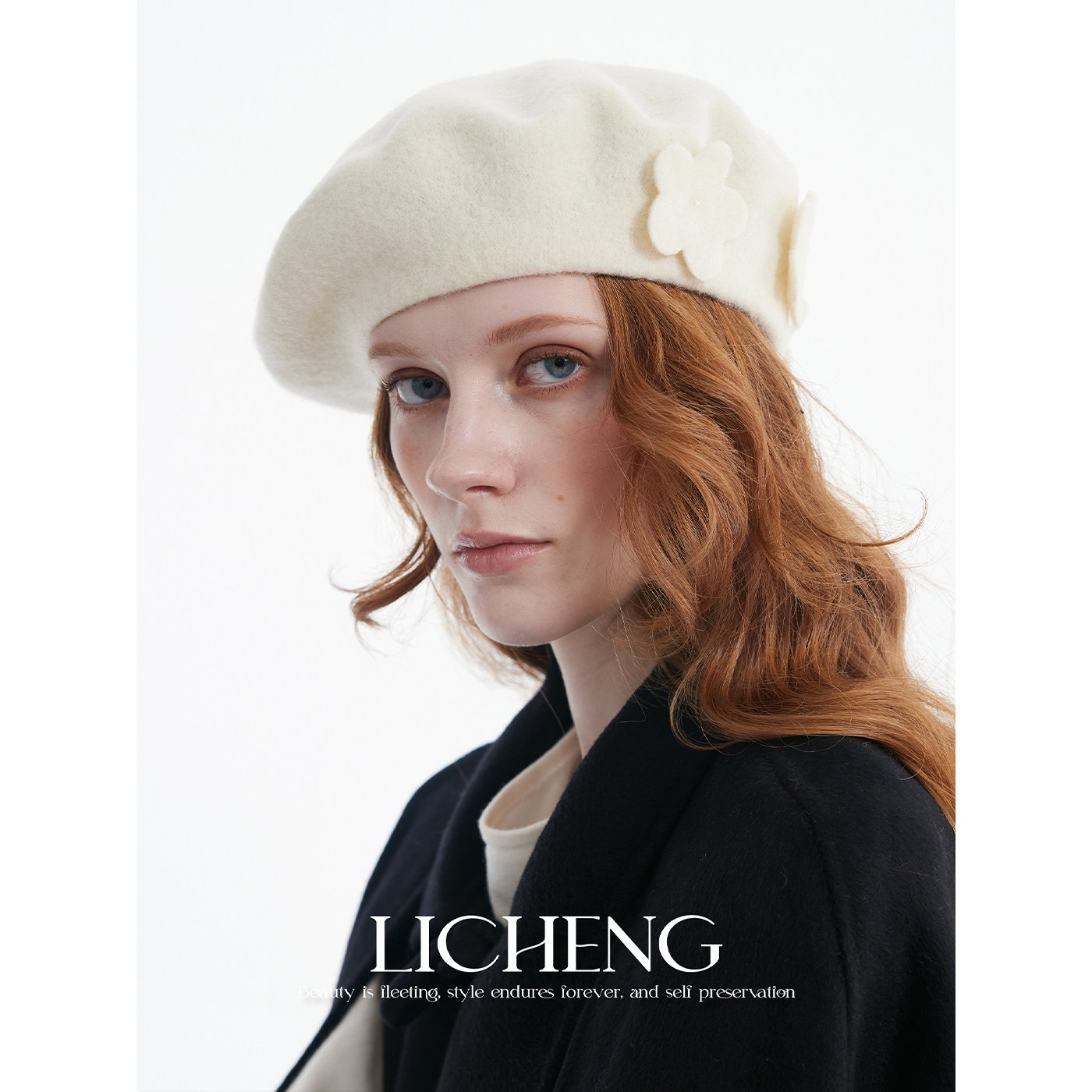 设计感花朵羊毛呢贝雷帽画家帽