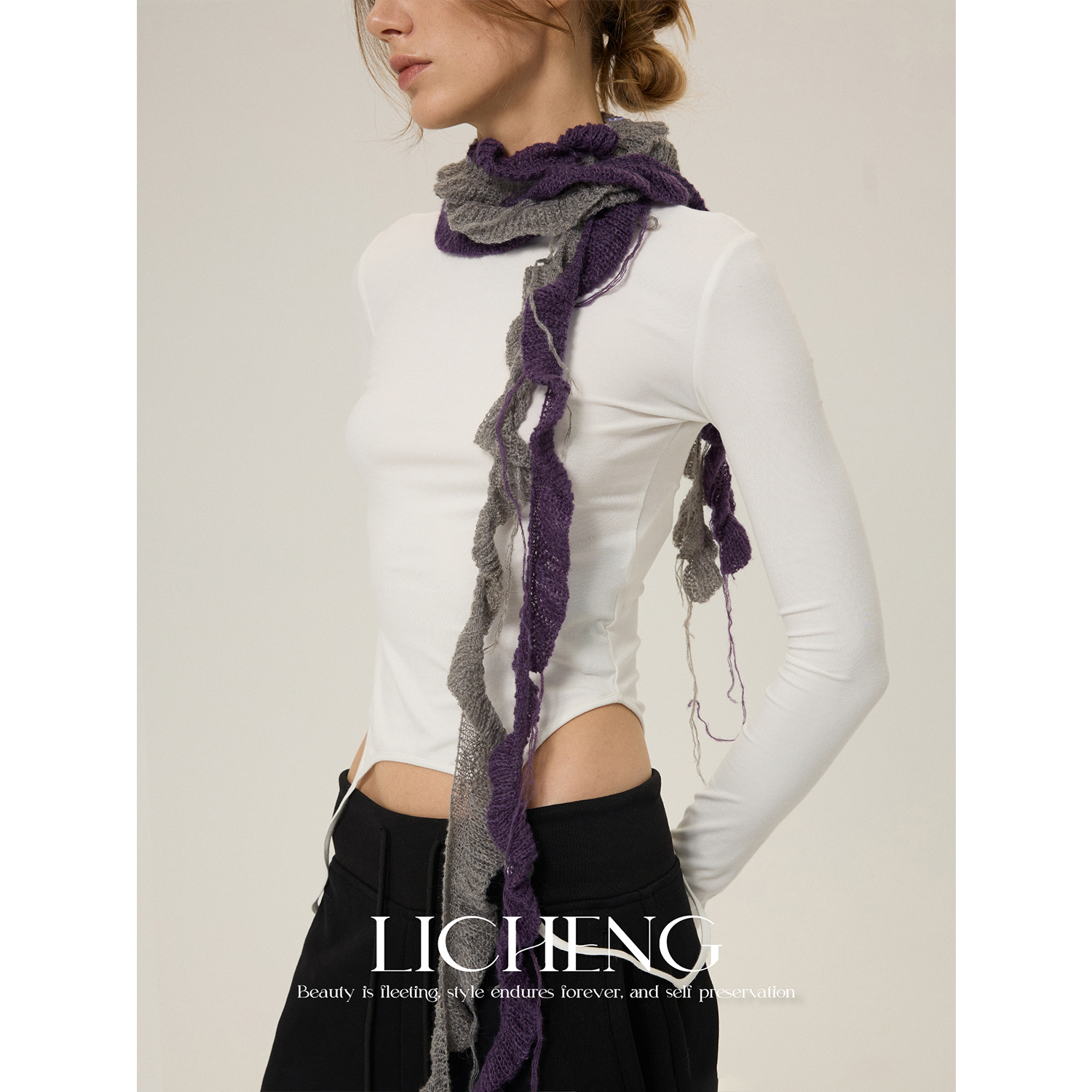 羊毛马海毛针织细窄围巾双色飘带