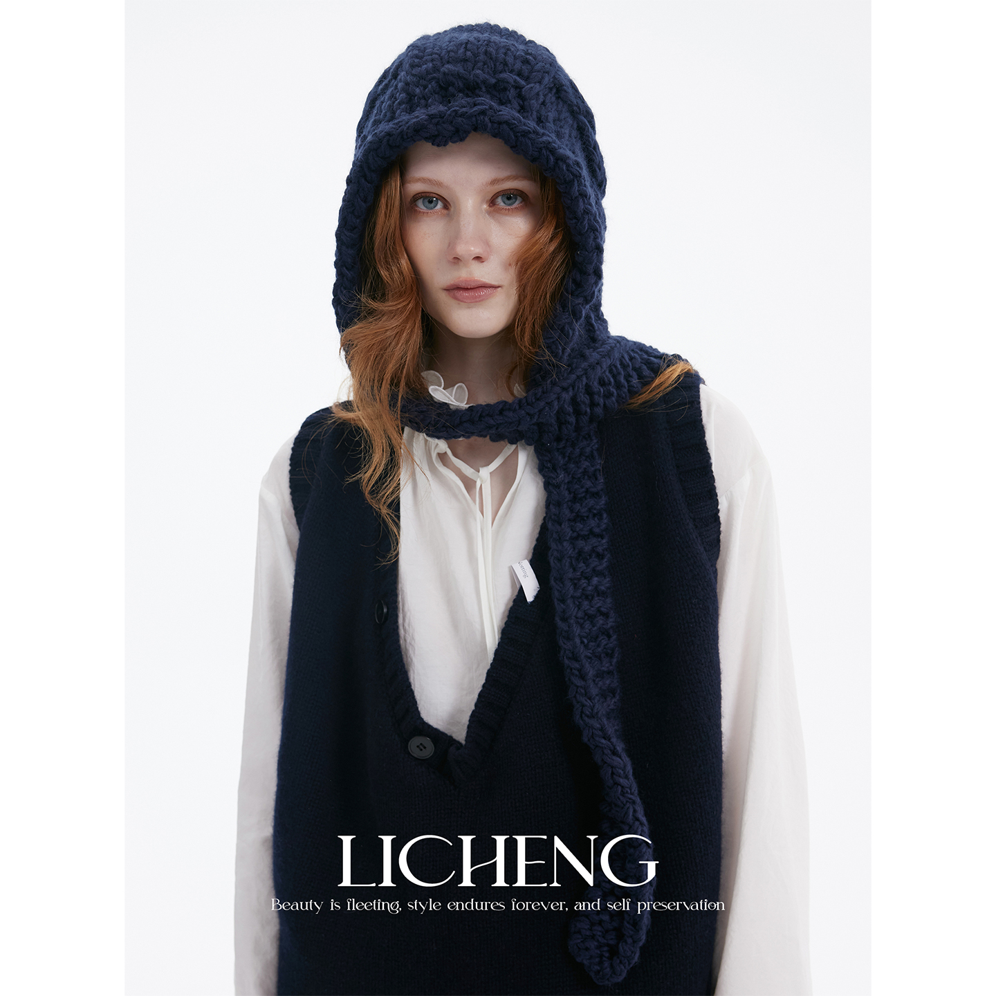 礼诚 手工麻花粗针织羊毛护耳帽女冬季系带包头帽文艺复古披肩帽