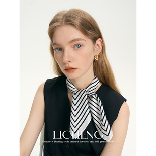 礼诚 简约黑白条纹丝巾女100%桑蚕丝小方巾春夏百搭真丝头巾发带