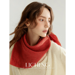 礼诚原创 红格纹100%亚麻方巾复古显白丝巾系脖领巾氛围感包头巾