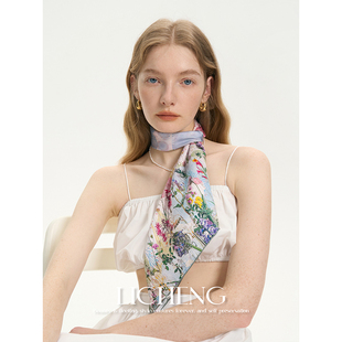 礼诚 雕塑花朵 100%真丝斜纹绸丝巾女法式浪漫小方巾包头头巾发带