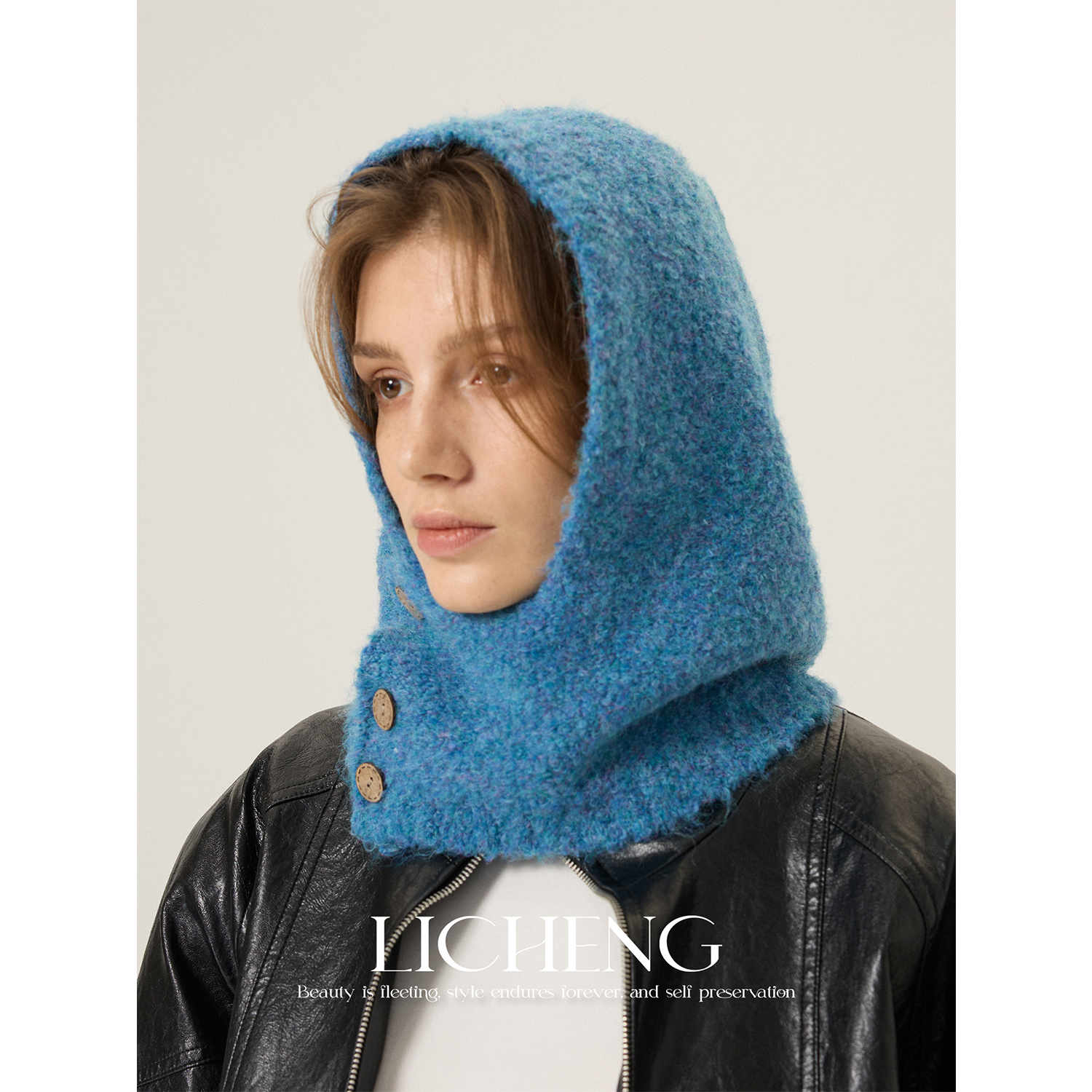 北欧冰岛蓝圈圈混色纱针织套头帽