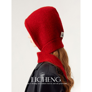 礼诚 新年时髦感 帽子围巾一体秋冬保暖针织含羊毛巴拉克拉法帽女