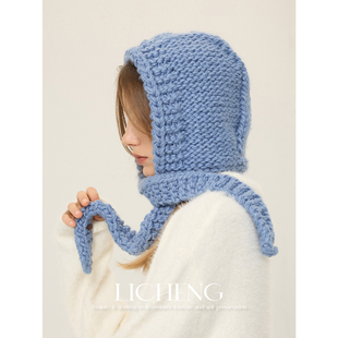 礼诚 北欧冰岛蓝手钩粗棒针织护耳帽子女冬保暖护耳巴拉克拉法帽