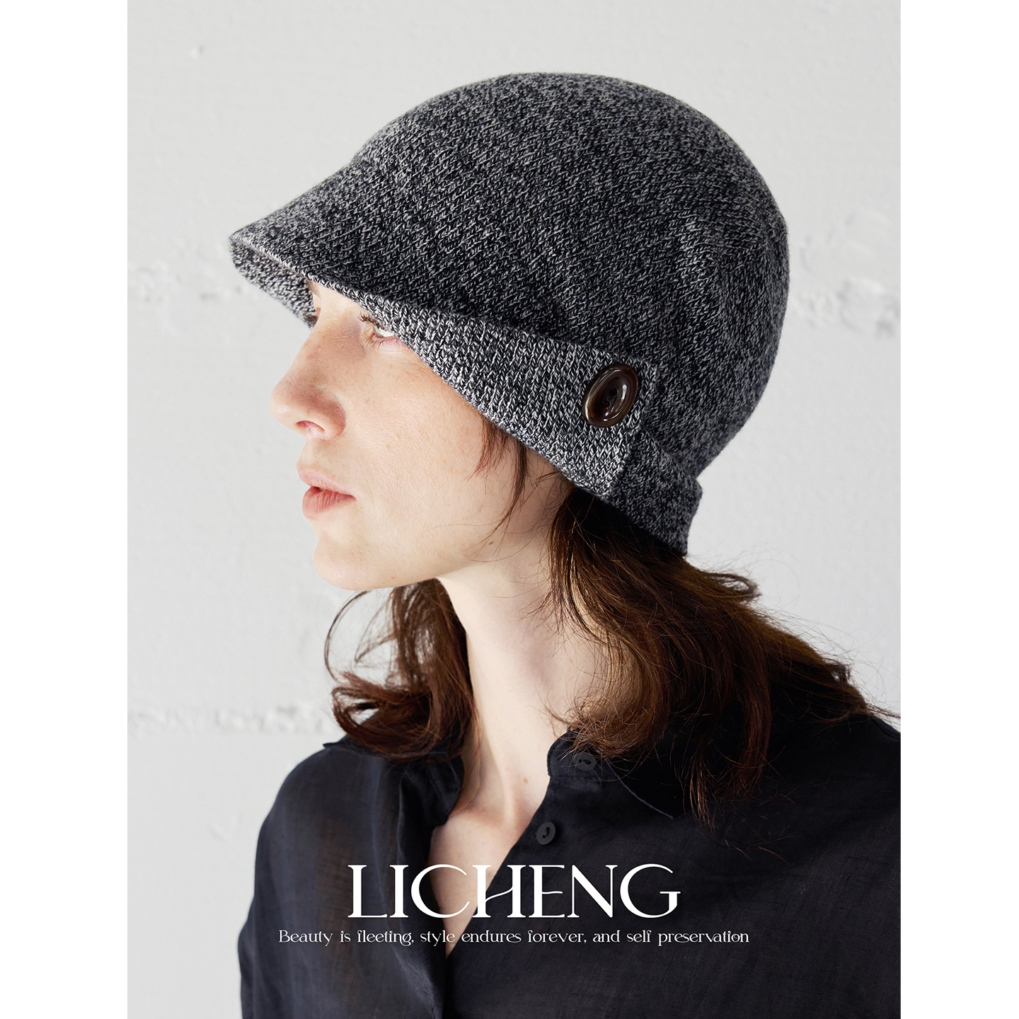 时髦纽扣两戴设计100%羊毛针织帽