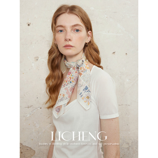 礼诚 复古花卉拼图双绉印花方巾女春夏清透系脖100%真丝丝巾头巾