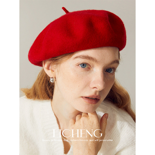 礼诚 复古红色羊毛贝雷帽女百搭画家帽子新年节日秋冬送礼报童帽