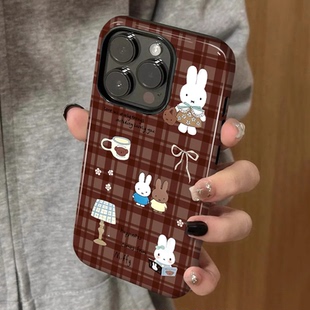 15二合一菲林12保护套plus iPhone16手机壳女生1314高级感小众不撞款 韩系咖啡格纹米菲 适用苹果17promax新款