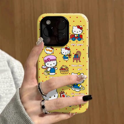 黄红波点可爱kitty 适用苹果16promax新款iPhone15手机壳女生1314高级感小众不撞款12二合一菲林11保护套plus