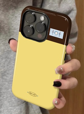 韩系ins风黄棕拼色 适用苹果16promax新款iPhone15手机壳女生1314高级感小众不撞款12二合一菲林11保护套plus
