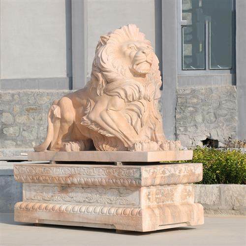 石雕狮子一对晚霞红欧式狮子别墅公司门口纳福吉祥物物摆件