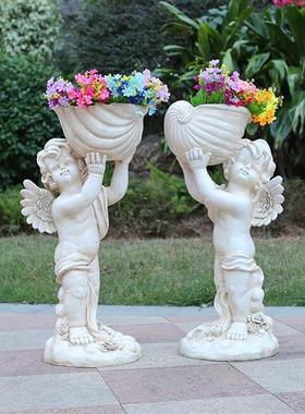 欧式户外花园酒店园林庭院玻璃钢雕塑小天使花盆别墅装饰人物摆件