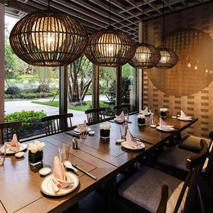 中式 仿古吊灯创意餐吊灯圆形餐厅农家乐客栈庭院田园藤艺麻球吊灯