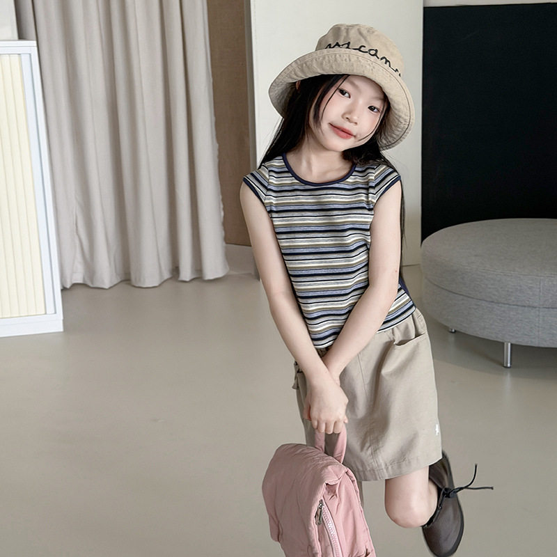 女童夏日清爽撞色条纹无袖T恤