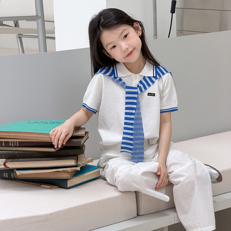 艾摩贝贝女童POLO针织短袖撞色
