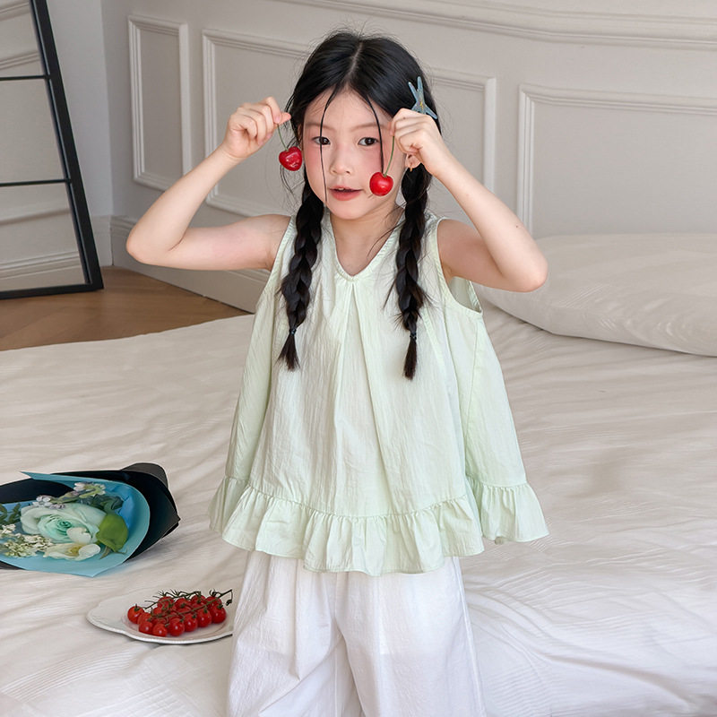 女童小V领无袖荷叶边娃娃衫上衣