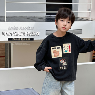 艾摩贝贝男童2025秋可爱卡通狗狗上衣复古230g加厚全棉卫衣T恤潮