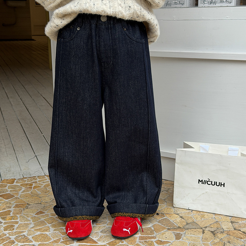 【加绒】韩版童裤2025冬新品中大小女童洋气精致豹纹翻边牛仔裤潮