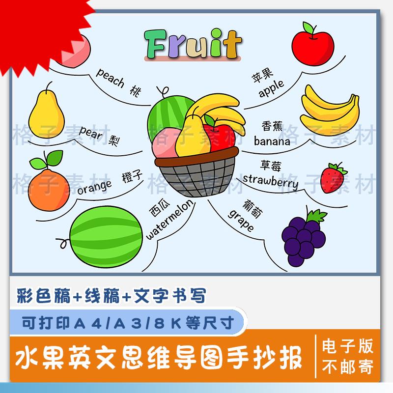 可打印水果英文思维导图英语手抄报模板电子版黑白线稿图A3 A4 8K