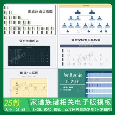 族谱电子版 父系母系宝塔式古风田氏家谱制作excel世系图登记模板
