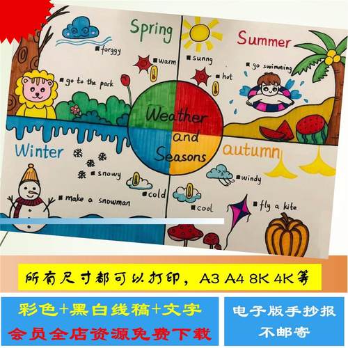 英语季节手抄报模板春夏秋冬小学生四季Four seasons儿童画连环画