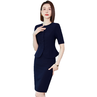 新中式无领小西装套裙 夏季短袖修身职业装酒店前台接待工作服女