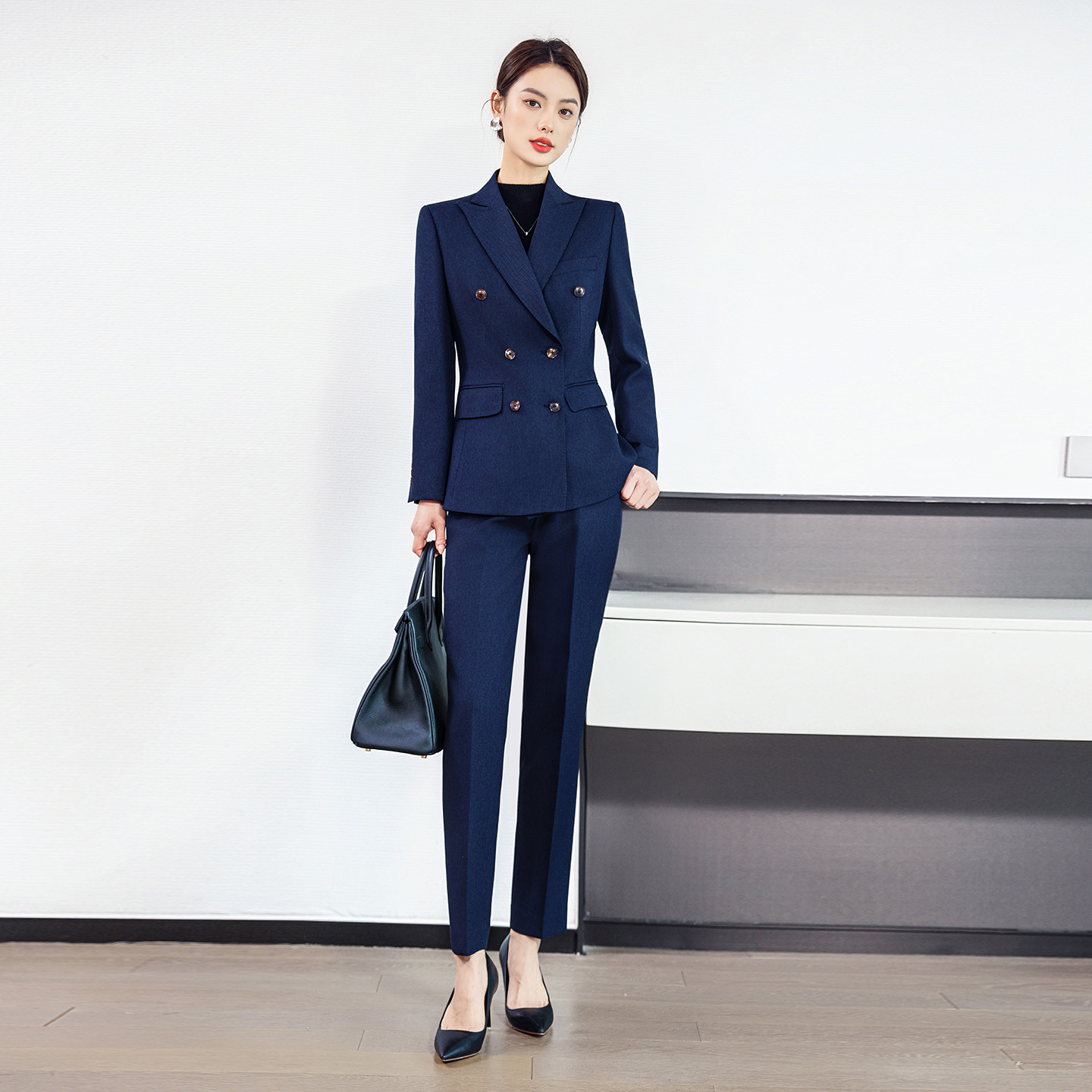 商务风双排扣西装套装女深蓝色高级感气质正装职场