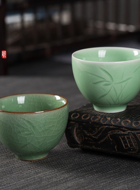 龙泉青瓷品茗杯茶杯个人单杯哥窑开片功夫茶具主人杯陶瓷小号茶碗