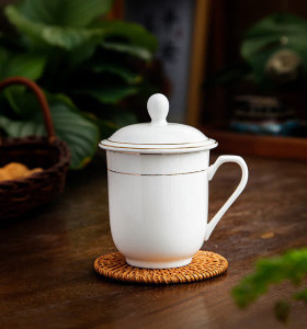 一朵棠 陶瓷茶杯白色会议杯带盖商务家用办公室金线会议杯400ml