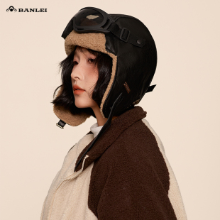 日系复古机能风男女款皮质飞行员帽护耳加绒防风镜保暖滑雪雷锋帽