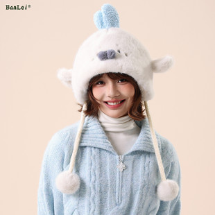 可爱卡通小海豹毛绒雷锋帽子女冬季保暖护耳帽百搭显脸小套头帽潮