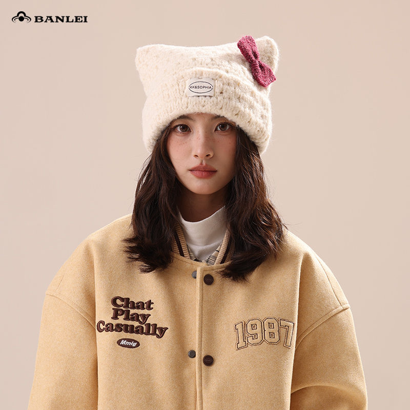 半蕾甜美蝴蝶结手钩针织帽