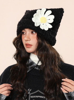 GD权志龙同款雏菊猫耳针织套头帽秋冬保暖男女同款黑色包头帽子潮