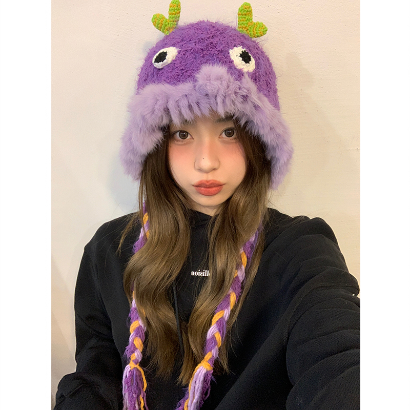 冬季可爱卡通搞怪小怪兽针织毛绒帽子女2023新款保暖护耳雷锋帽潮