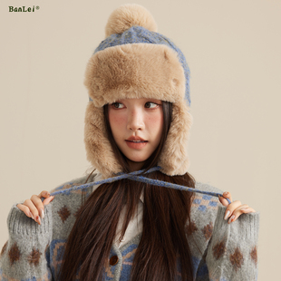 韩版毛绒帽子女冬季百搭时尚防寒帽加绒护耳雷锋帽女保暖针织帽潮