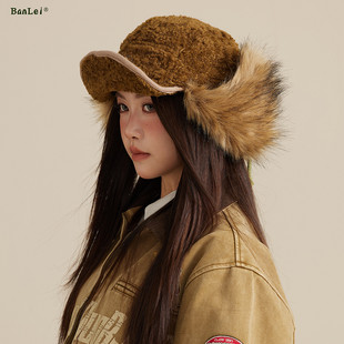 韩系复古保暖雷锋帽女户外防风护耳飞行帽加绒大头围防寒滑雪帽冬