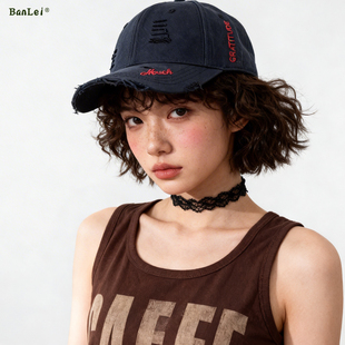 美式复古大头围硬顶棒球帽子女显脸小休闲百搭破洞宽帽檐鸭舌帽男