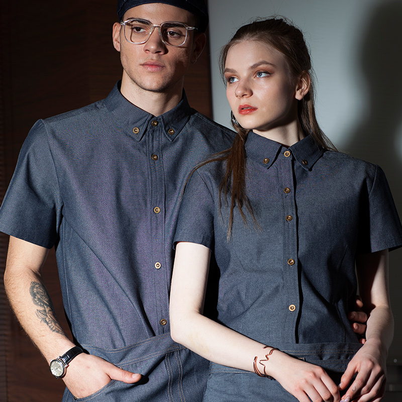 企傲服务员工作服女酒店制服夏季西餐厅咖啡店餐饮短袖牛仔衬衫男